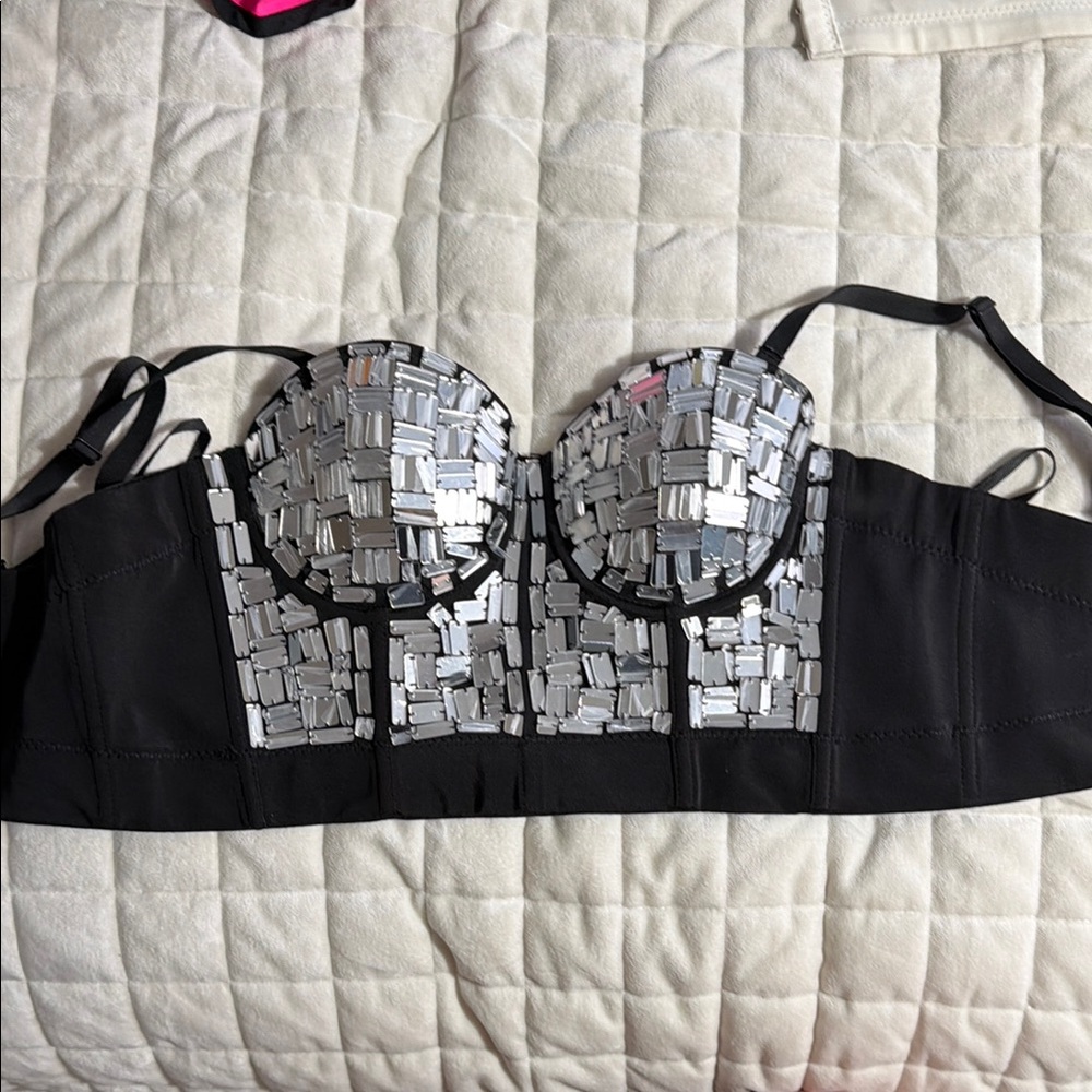 Embellished Black Bustier Top with Silver Mirror Beading